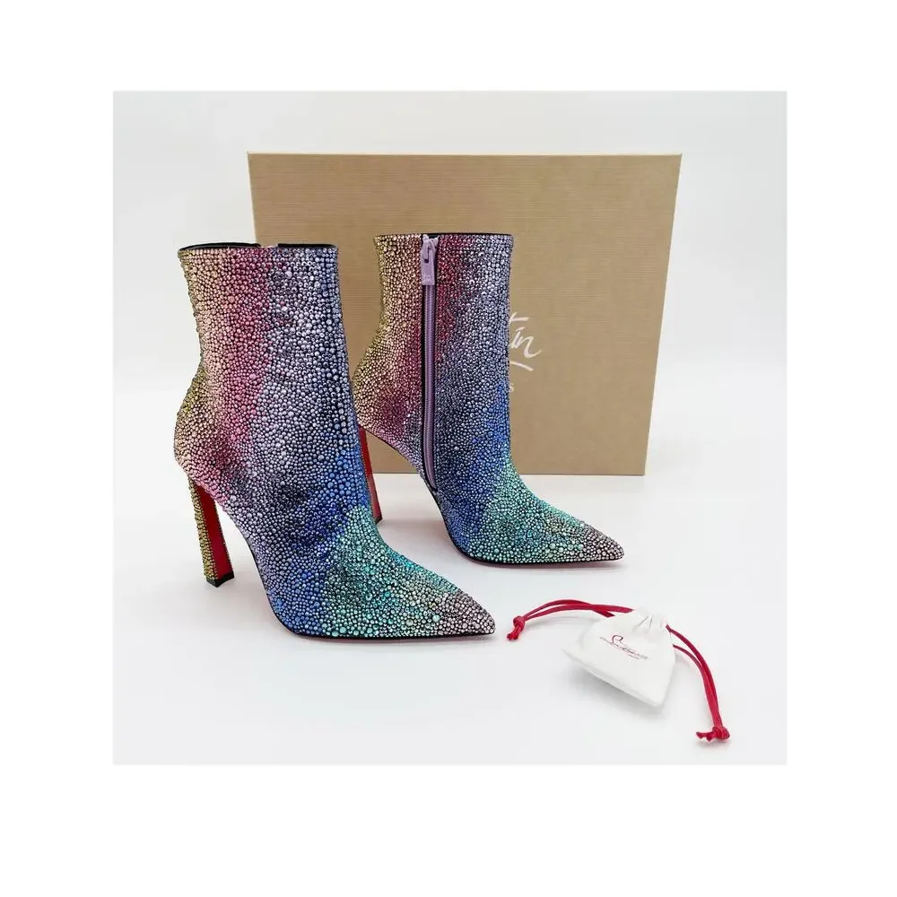 New Christian Louboutin Condora Strass Rainbow Crystal Heeled Ankle Boots EU 36